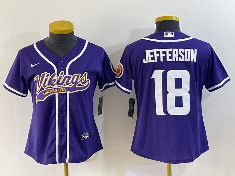 Women's Minnesota Vikings #18 Justin Jefferson Purple With Patch Cool Base Stitched Baseball Jersey(Run Small)